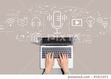Podcast theme with person using laptop 85921851