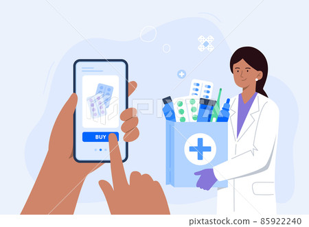 Human hand holding smartphone for online order of medicines. An Indian pharmacist with medical purchases. Online pharmacy, delivery drugs, prescription medicines order. Vector flat illustration. 85922240