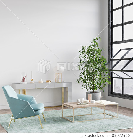 Beautiful interior of a modern room. Bright and clean design. A sofa standing by a large window against a wall background. 3D rendering 85922500