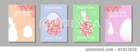 Happy Easter Covers set with eggs, rabbits and realistic cherry blossom 85922658