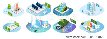 Renewable alternative energy, waste recycling. Set of illustrations about eco friendly technologies 85923026