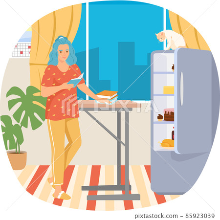Young woman reading book standing near stack of books in kichen room, studying at home 85923039