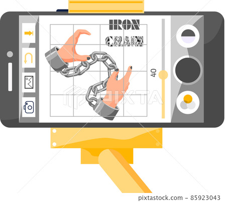 Modern internet and social networks addiction. Iron chain on smartphone screen, dominance of gadgets 85923043