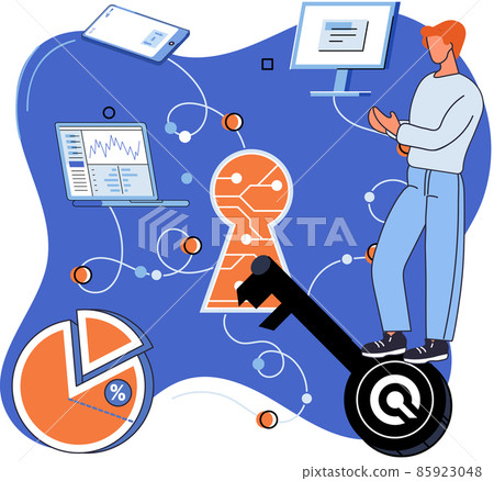 Man works with personal data protection. Key in keyhole as security system symbol, computer network Man works with personal data protection. Key in keyhole as security system symbol, computer network 85923048