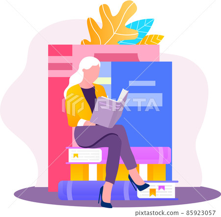 Young woman reading book sitting in library on stack of books in living room, studying at home Young woman reading book sitting in library on stack of books in living room, studying at home 85923057