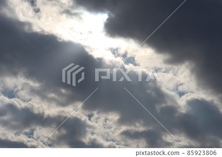 天空的風景,光線昏暗,天空蔚藍,雲彩在深灰色的雲層之間閃爍著淺橙色 天空的風景,光線昏暗,天空蔚藍,雲彩在深灰色的雲層之間閃爍著淺橙色 85923806