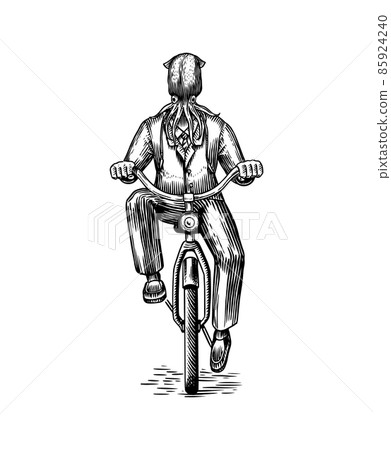 Squid man in a suit rides a bicycle. Octopus or Mollusca. Fashion animal character. Hand drawn 85924240