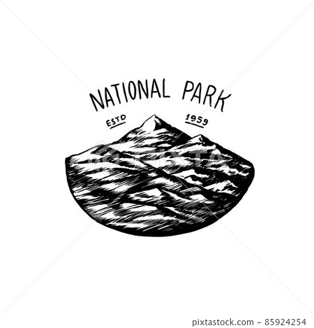 Mountains peaks. National park. Camping logo and label. Trip in the forest, outdoor. Adventure Mountains peaks. National park. Camping logo and label. Trip in the forest, outdoor. Adventure 85924254