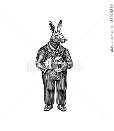 A hare man in a suit with a glass of beer. Rabbit or bunny. Fashion animal character. Hand drawn A hare man in a suit with a glass of beer. Rabbit or bunny. Fashion animal character. Hand drawn 85924256