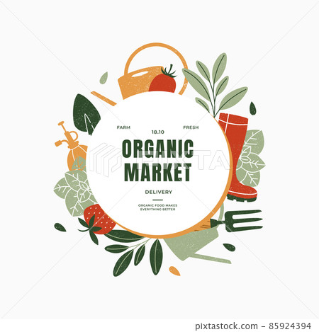 Organic market design template. Garden tools illustration. Harvest composition. 85924394