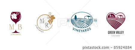 Wine, vineyard, organic natural winery logo collection. Vineyard field and grapes symbols and icons  85924884