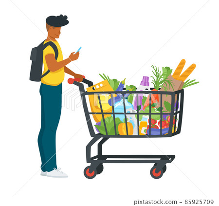 man with shopping cart full of products 85925709