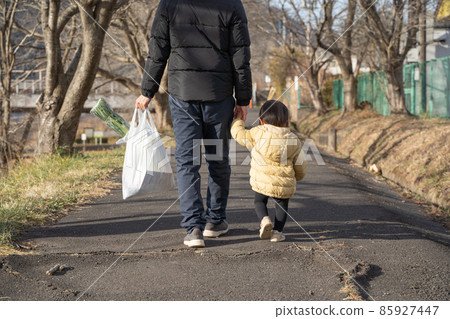 一個男人帶著一個拿著購物袋的孩子走路的背影 一個男人帶著一個拿著購物袋的孩子走路的背影 85927447