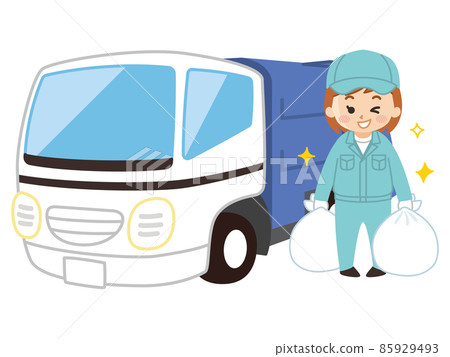 Garbage cleaner woman and garbage truck 85929493