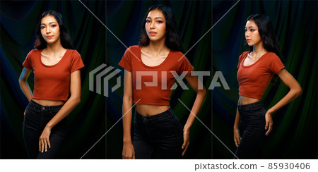 Fashion Beauty Woman has long curl black hair looks at camera and express feeling smile happy Fashion Beauty Woman has long curl black hair looks at camera and express feeling smile happy 85930406