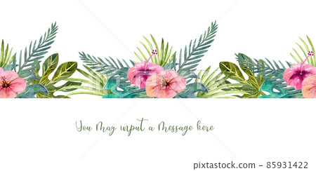 Tropical leaves . Repetition of summer horizontal border. Floral watercolor. Watercolor compositions for the design of greeting cards or invitations. Illustration Tropical leaves . Repetition of summer horizontal border. Floral watercolor. Watercolor compositions for the design of greeting cards or invitations. Illustration 85931422