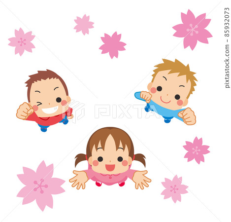 Illustration of cute little children looking up and raising their hands Overlooking cherry blossoms Clip art White background Illustration of cute little children looking up and raising their hands Overlooking cherry blossoms Clip art White background 85932073