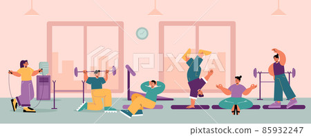 Gym interior with people doing sport exercises Gym interior with people doing sport exercises 85932247