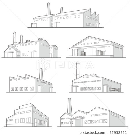 Vector illustrations of various buildings. Line drawings. 85932831
