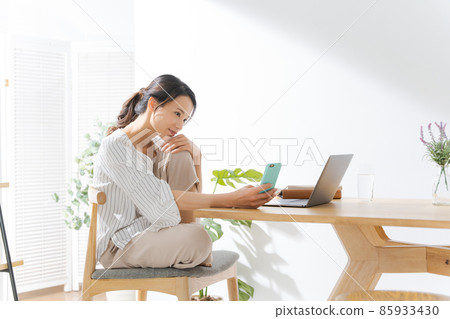 一位智能手機婦女在家 85933430