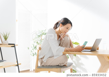 一位智能手機婦女在家 一位智能手機婦女在家 85933432