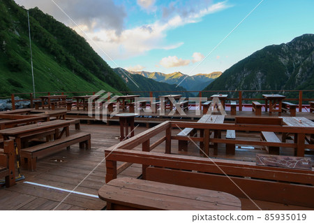Terrace seats at Karasawa Hutte in the Northern Alps of Japan Terrace seats at Karasawa Hutte in the Northern Alps of Japan 85935019