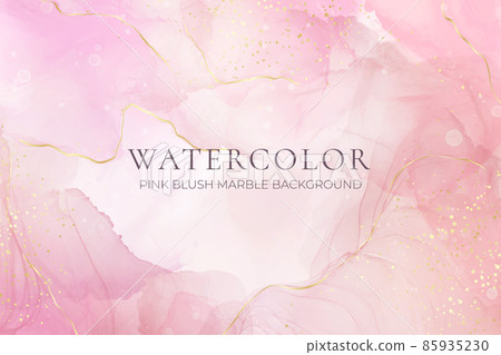 Rose pink liquid watercolor background with golden dots. Dusty blush marble alcohol ink drawing effect. Vector illustration design template for wedding invitation, menu, rsvp Rose pink liquid watercolor background with golden dots. Dusty blush marble alcohol ink drawing effect. Vector illustration design template for wedding invitation, menu, rsvp 85935230