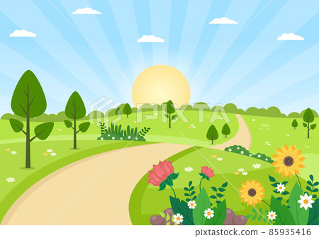 Spring Time Landscape Background with Flowers Season, Rainbow and Plant for Promotions, Magazines, Advertising or Websites. Nature Vector illustration Spring Time Landscape Background with Flowers Season, Rainbow and Plant for Promotions, Magazines, Advertising or Websites. Nature Vector illustration 85935416