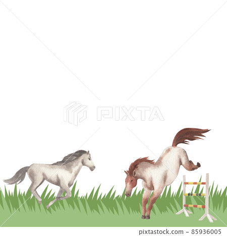 Jockey on horse. Black horse Jumping. Equestrian Events. Show Jumping Competition. Watercolor painting illustration isolated on frame white background Jockey on horse. Black horse Jumping. Equestrian Events. Show Jumping Competition. Watercolor painting illustration isolated on frame white background 85936005