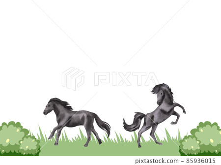 Jockey on horse. Black horse Jumping. Equestrian Events. Show Jumping Competition. Watercolor painting illustration isolated on frame white background 85936015