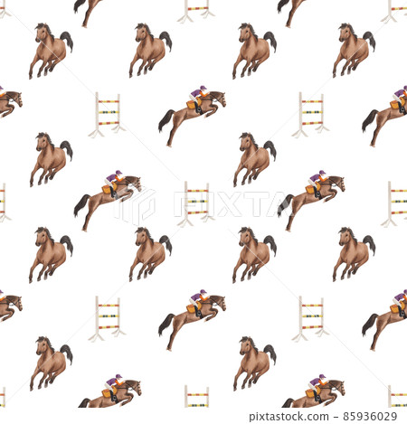 Jockey on horse. Black horse Jumping. Equestrian Events. Show Jumping Competition. Watercolor painting illustration pattern seamless 85936029