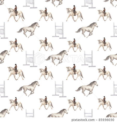 Jockey on horse. Black horse Jumping. Equestrian Events. Show Jumping Competition. Watercolor painting illustration pattern seamless 85936030