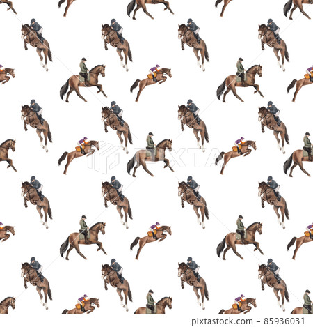 Jockey on horse. Black horse Jumping. Equestrian Events. Show Jumping Competition. Watercolor painting illustration pattern seamless 85936031