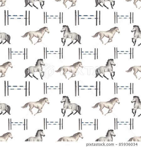 Jockey on horse. Black horse Jumping. Equestrian Events. Show Jumping Competition. Watercolor painting illustration pattern seamless Jockey on horse. Black horse Jumping. Equestrian Events. Show Jumping Competition. Watercolor painting illustration pattern seamless 85936034