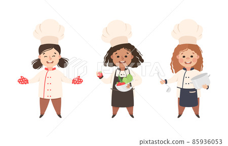 Children Chef in White Toque and Uniform Enjoying Culinary and Cookery Holding Pot and Bowl with Vegetable Vector Set Children Chef in White Toque and Uniform Enjoying Culinary and Cookery Holding Pot and Bowl with Vegetable Vector Set 85936053