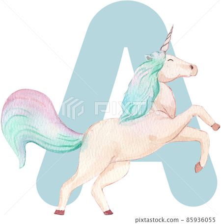 Alphabet A-Z isolated cute watercolor unicorn and stars clipart. Nursery unicorns illustration. Princess unicorns poster. Trendy pink cartoon horse. 85936055