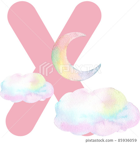 Alphabet A-Z isolated cute watercolor unicorn and stars clipart. Nursery unicorns illustration. Princess unicorns poster. Trendy pink cartoon horse. 85936059