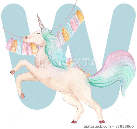 Alphabet A-Z isolated cute watercolor unicorn and stars clipart. Nursery unicorns illustration. Princess unicorns poster. Trendy pink cartoon horse. 85936060