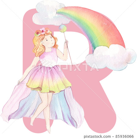 Alphabet A-Z isolated cute watercolor unicorn and stars clipart. Nursery unicorns illustration. Princess unicorns poster. Trendy pink cartoon horse. 85936066