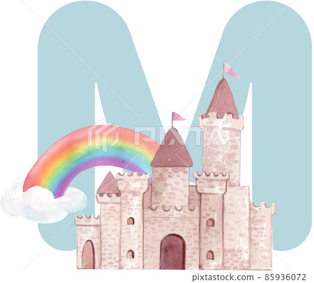 Alphabet A-Z isolated cute watercolor unicorn and stars clipart. Nursery unicorns illustration. Princess unicorns poster. Trendy pink cartoon horse. 85936072
