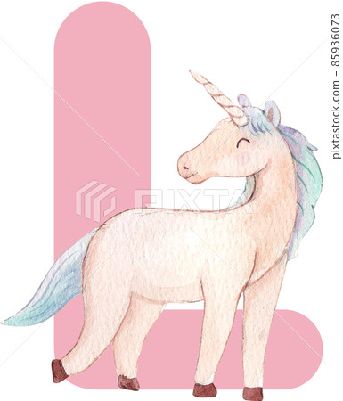Alphabet A-Z isolated cute watercolor unicorn and stars clipart. Nursery unicorns illustration. Princess unicorns poster. Trendy pink cartoon horse. 85936073
