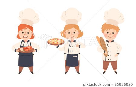 Children Chef in White Toque and Uniform Enjoying Culinary and Cookery Holding Pizza and Fresh Bread Vector Set 85936080