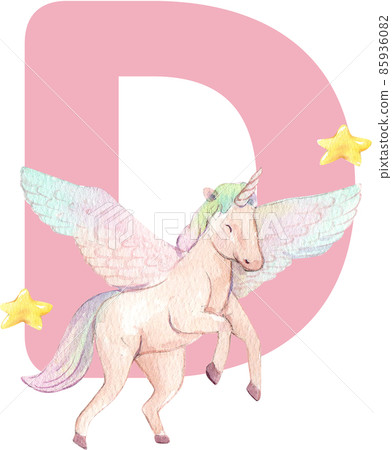 Alphabet A-Z isolated cute watercolor unicorn and stars clipart. Nursery unicorns illustration. Princess unicorns poster. Trendy pink cartoon horse. 85936082