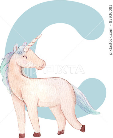 Alphabet A-Z isolated cute watercolor unicorn and stars clipart. Nursery unicorns illustration. Princess unicorns poster. Trendy pink cartoon horse. 85936083