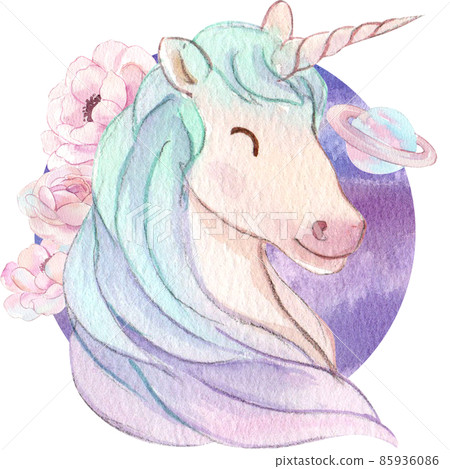 Cute watercolor unicorn and stars clipart. Nursery unicorns illustration. Princess unicorns poster. Trendy pink cartoon horse. 85936086