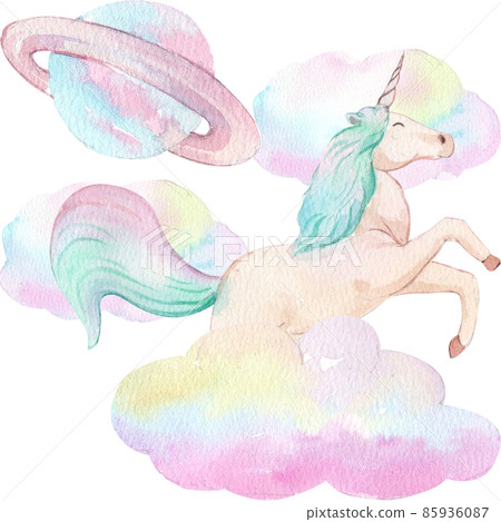 Cute watercolor unicorn and stars clipart. Nursery unicorns illustration. Princess unicorns poster. Trendy pink cartoon horse. 85936087