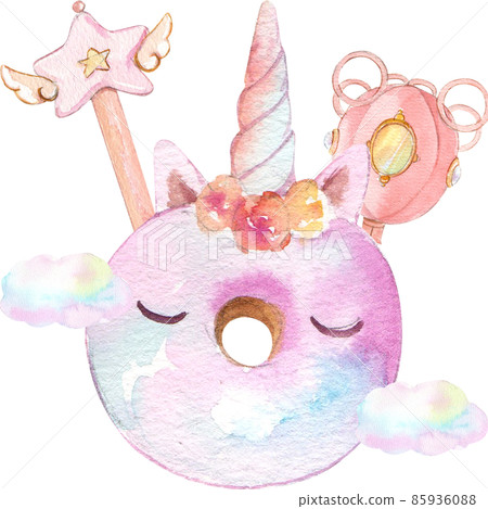 Cute watercolor unicorn and stars clipart. Nursery unicorns illustration. Princess unicorns poster. Trendy pink cartoon horse. 85936088