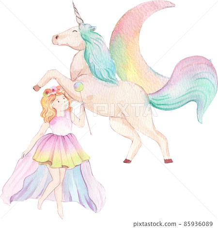 Cute watercolor unicorn and stars clipart. Nursery unicorns illustration. Princess unicorns poster. Trendy pink cartoon horse. 85936089