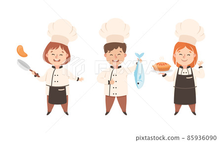 Children Chef in White Toque and Uniform Enjoying Culinary and Cookery Holding Baked Pie and Fish Vector Set 85936090