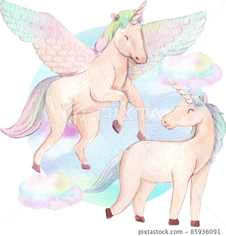 Cute watercolor unicorn and stars clipart. Nursery unicorns illustration. Princess unicorns poster. Trendy pink cartoon horse. 85936091